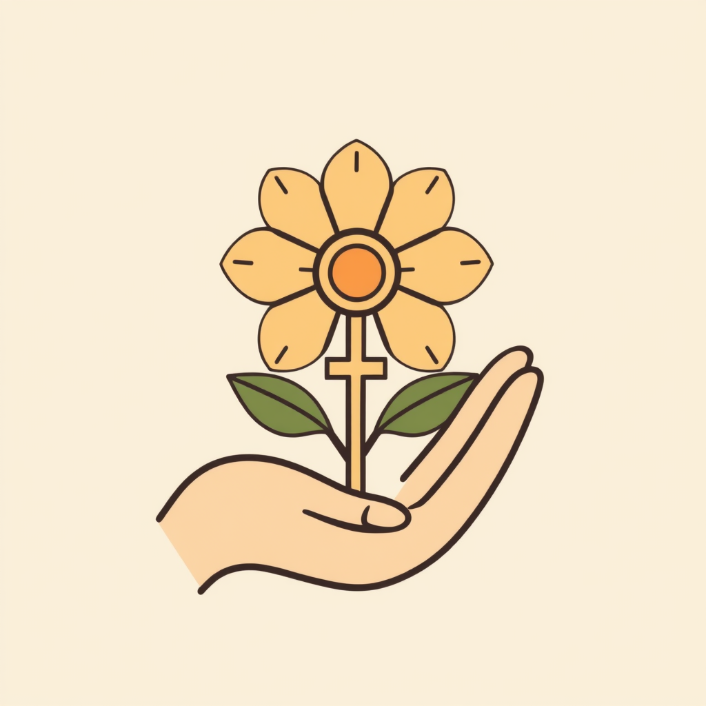 A hand holding a flower, with the flower petals subtly shaped like female symbols, symbolizing support and appreciation.