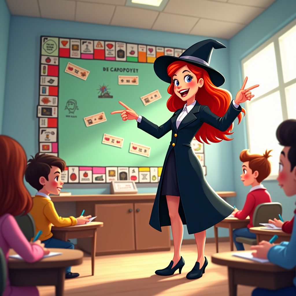 An imaginative classroom displays a life-sized Monopoly board mural, with the 'Monopoly Girl' guiding her classmates through playful interactions. Her tailored hat and coat serve as a teaching tool, listing game strategies that enhance mathematical skills and encourage cooperative learning.