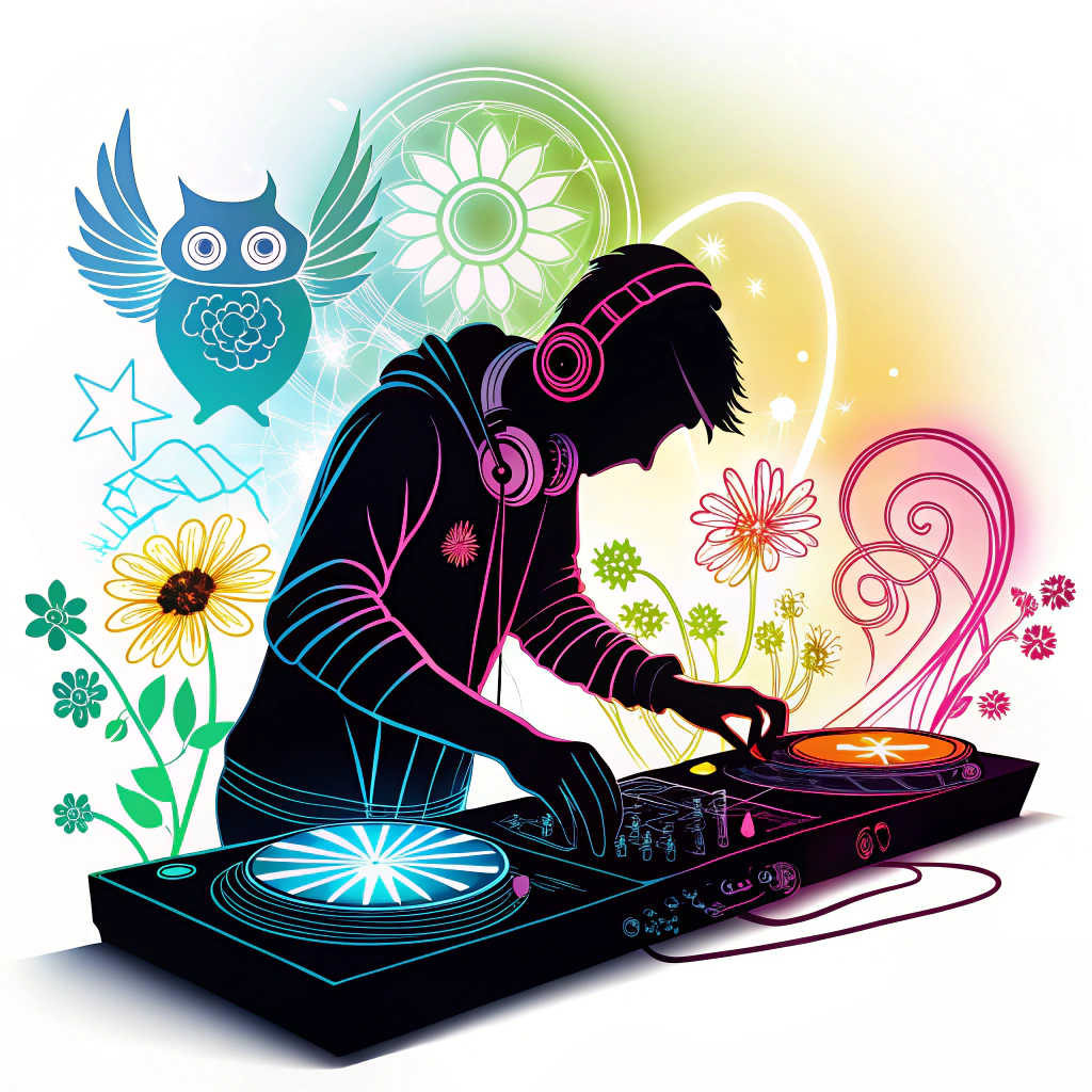DJ silhouette at the decks, outlined in vibrant neon, with abstract glowing sound waves or light patterns emanating, subtly incorporating EDC motifs like the owl or daisy within the light.