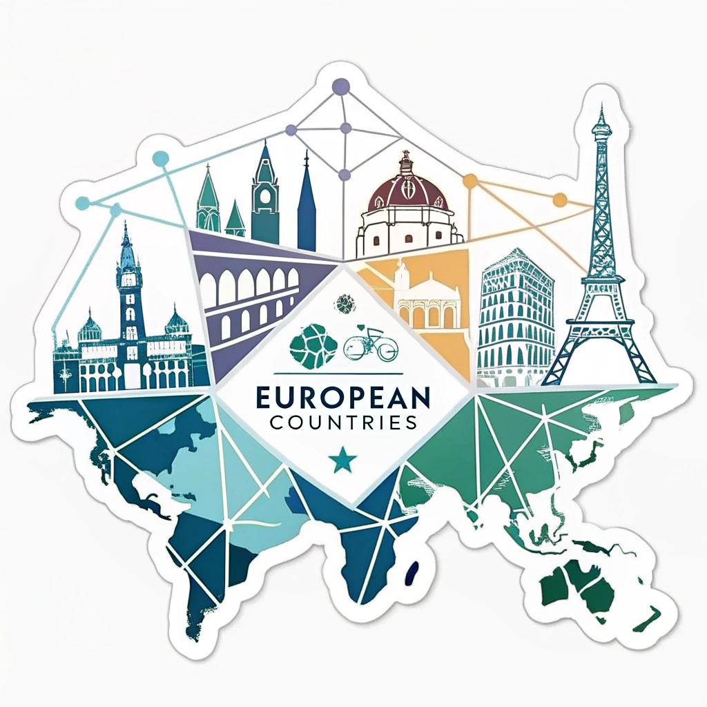 A minimalist sticker using geometric shapes to represent different European countries, forming a unified whole, with the slogan subtly integrated into the design.