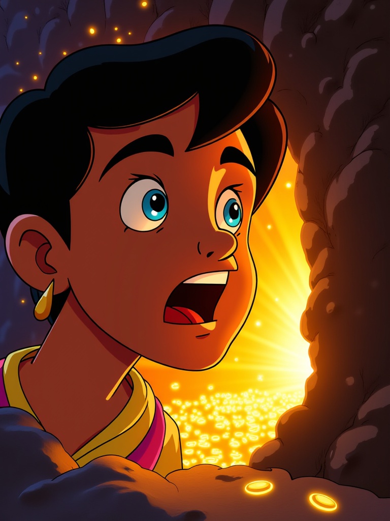 A close-up perspective focusing on Aladdin's face, partially in shadow, dramatically illuminated by an intense, golden glow from a newly opened fissure in a rock face. His eyes reflect a mix of awe and trepidation, with hints of shimmering treasure visible just beyond the narrow opening.