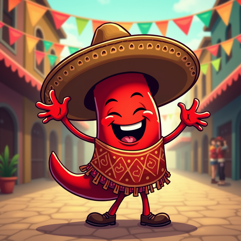 A playful cartoon character (e.g., a chili pepper, a cactus, or a chihuahua) wearing a sombrero and a mini serape, exuding a fun, festive vibe.