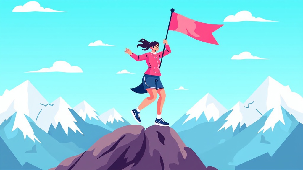 A single woman standing at the top of a mountain, representing overcoming challenges and achieving leadership positions.