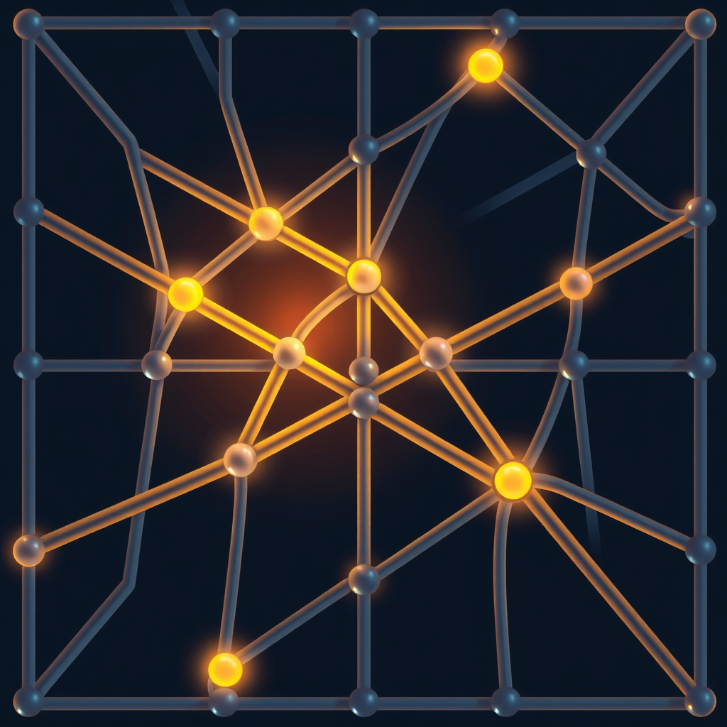 Sub-Design Idea 3: Interlocking, continuous lines forming a strong, cohesive mesh or lattice structure, with nodes at intersections appearing fortified or glowing to indicate security and integrity.
