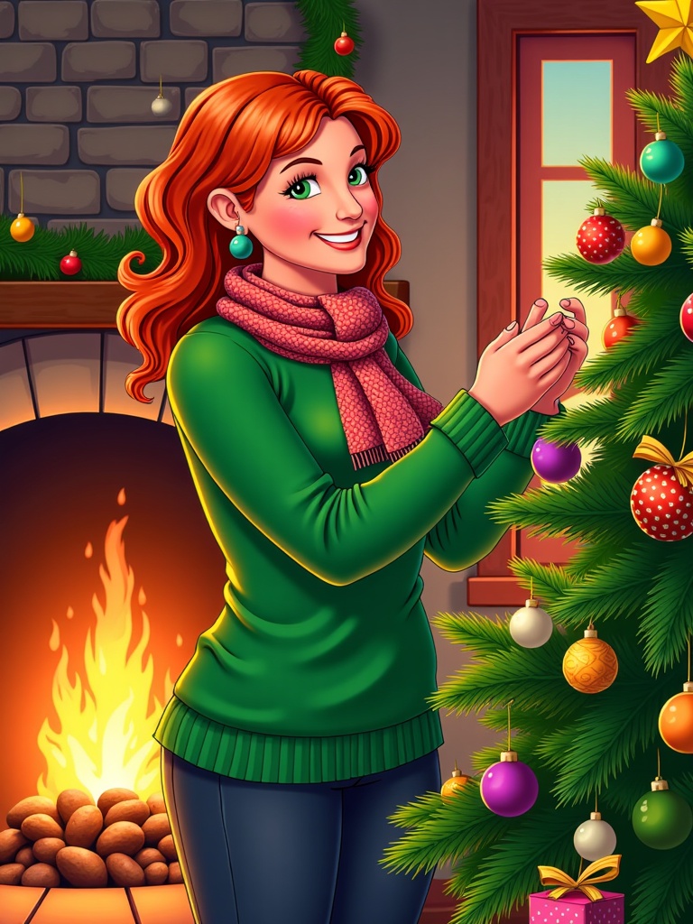  a young woman standing in front of a fireplace with a Christmas tree. She is wearing a green sweater, a pink scarf, and blue jeans. She has long red hair and is smiling as she decorates the tree with colorful ornaments and a star on top. The tree is decorated with red, orange, and gold baubles, and there is a gift box next to it. The fireplace is lit with a warm glow, and the mantelpiece is made of brick. The overall mood of the image is festive and cozy.