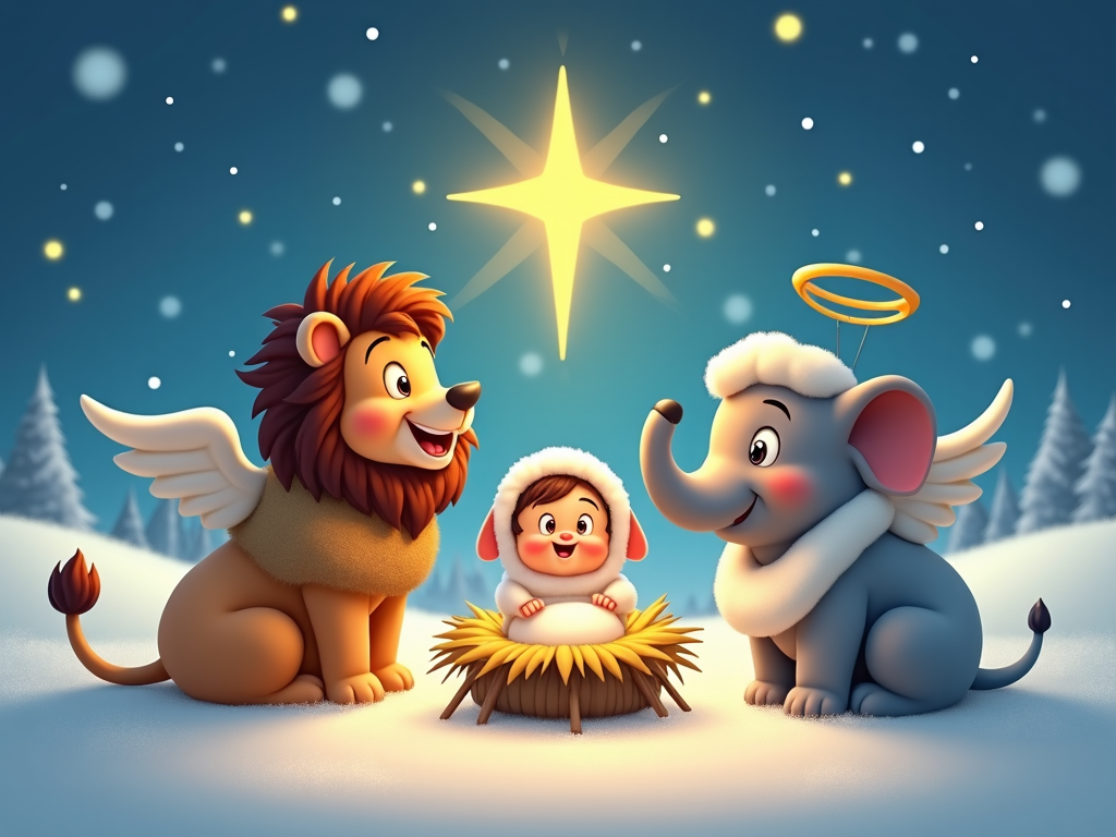 A group of joyful cartoon animals dressed as shepherds and angels gather around a manger scene in a snowy field. A bright star shines above them, and a child wearing a costume of a lamb gazes up in wonder, creating a cute and magical Christmas nativity scene.