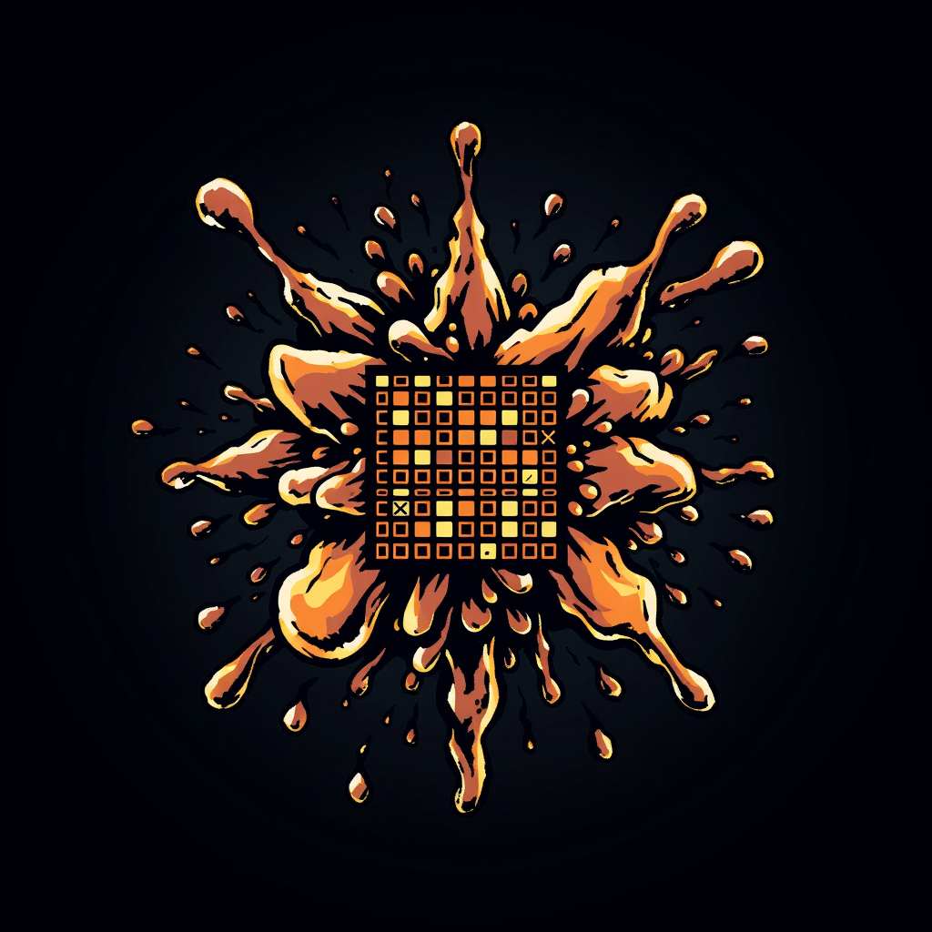 Pixel Eruption: A central pixel or a small grid of code blocks bursting outwards, with the erupting fragments morphing into fluid, organic shapes like droplets or tendrils. The initial rigid structure gives way to a flowing emergent state.