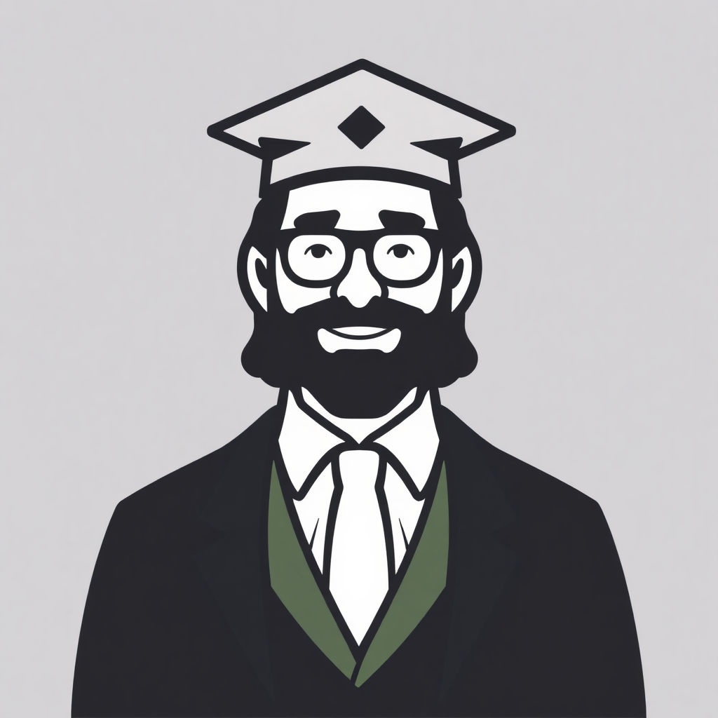 The image is a black and white illustration of a man wearing a graduation cap and gown. The man has a beard and mustache and is wearing glasses. He has a serious expression on his face and is looking directly at the camera. The background is plain white. The illustration is simple and minimalistic, with no additional details or shading.