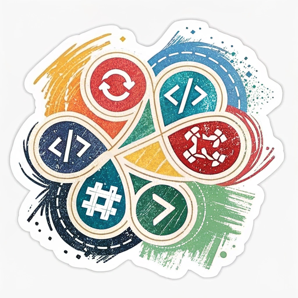 Syntax Strokes: An abstract design where familiar code symbols (e.g., `</>`, `{}`, `=>`, `//`) are stylized and used as dynamic 'brushstrokes' to form a colorful and visually appealing composition on a textured canvas background.