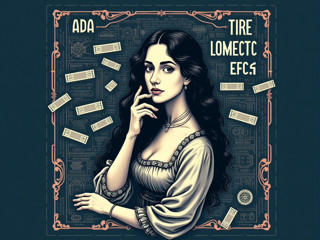 Ada Lovelace 'Enchantress of Numbers' design: Feature a vintage-style portrait of Ada, intertwined with Babbage analytical engine schematics or punch card patterns, and a notable quote.