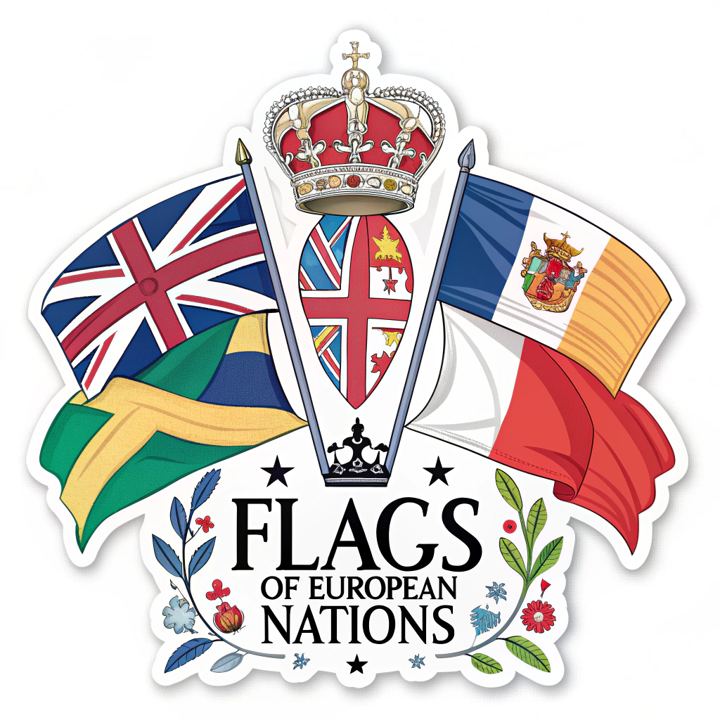 Use a heraldic design with the flags of various European nations arranged artistically, topped with a crown or emblem, and the slogan below.