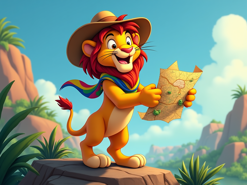 A lion character with a wide grin, wearing a safari hat, and holding a map, looking towards an unknown location.