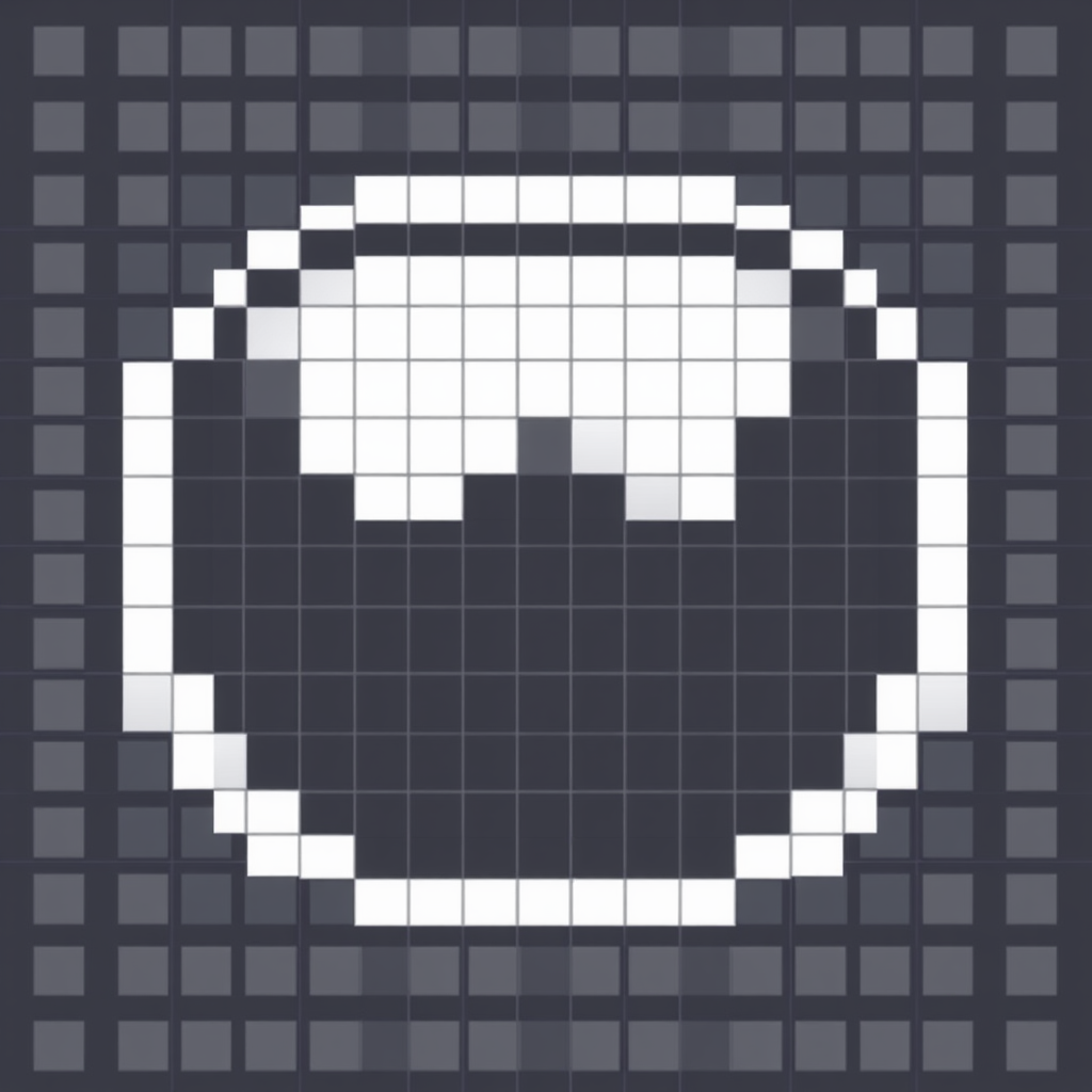 Pixel Genesis Design Idea 4: Generative Grid Canvas - Focuses on a clear grid structure. The AI is shown to dynamically fill or alter pixels within this grid to construct a simple icon, emphasizing the methodical, foundational nature of digital image creation.