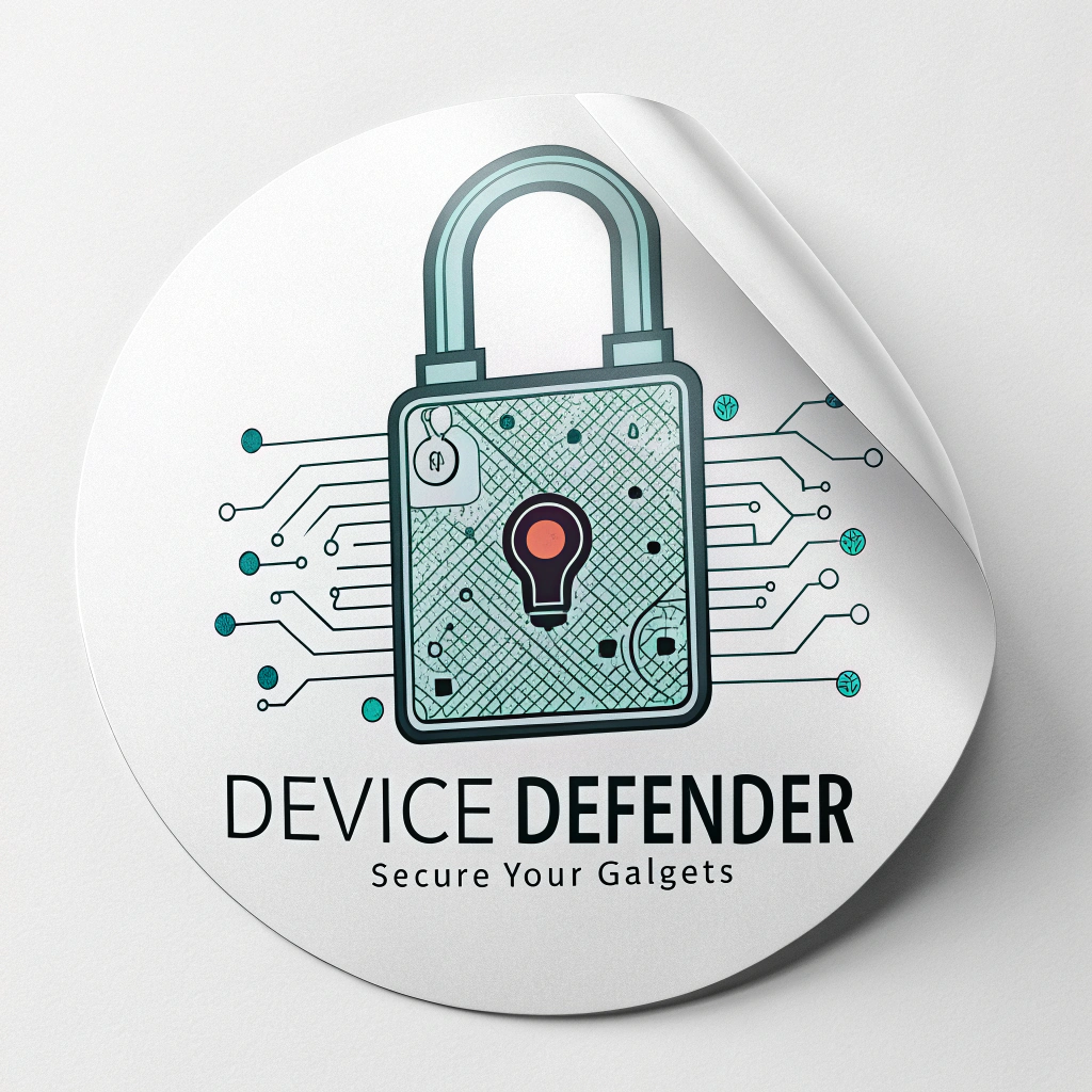 Sticker Design 2 (Digital Lock & Code): A sleek design showcasing a digital padlock, perhaps with circuitry patterns or binary code accents. The keyhole could be a stylized power button or a fingerprint. Text: 'Device Defender' in a futuristic font, 'Secure Your Gadgets' below.