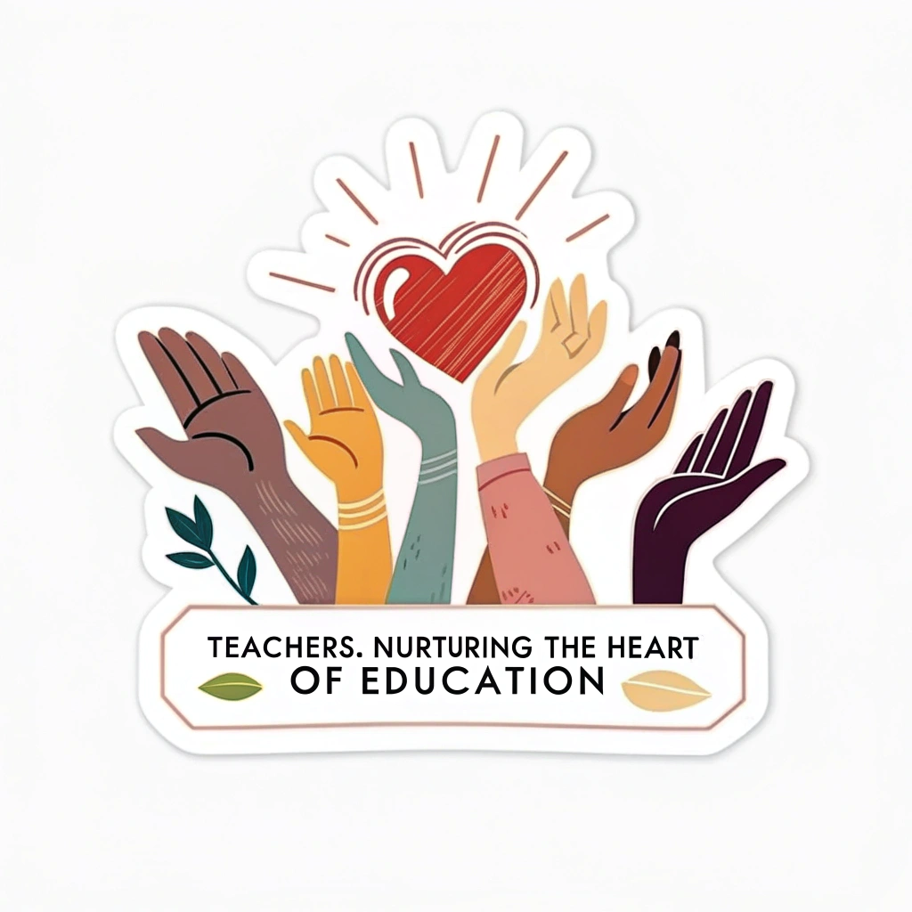 Supportive Hands & Heart Sticker: An illustration of diverse, gentle hands cupping or supporting a glowing central heart. Text beneath: 'Teachers: Nurturing the Heart of Education'. Emphasizes care and collective support.