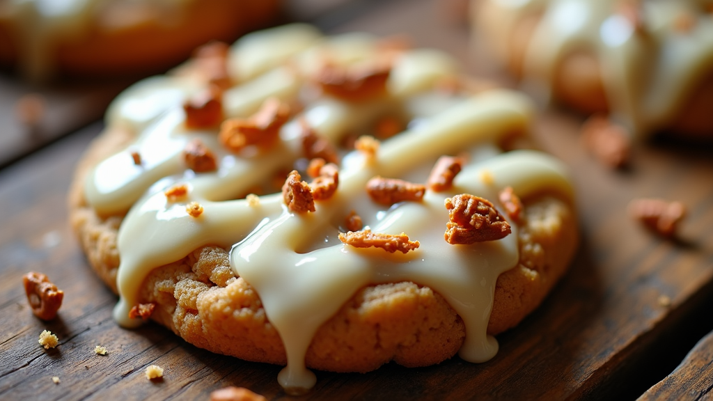 Drizzle a white chocolate glaze over the cookie and sprinkle it with crushed pretzels.