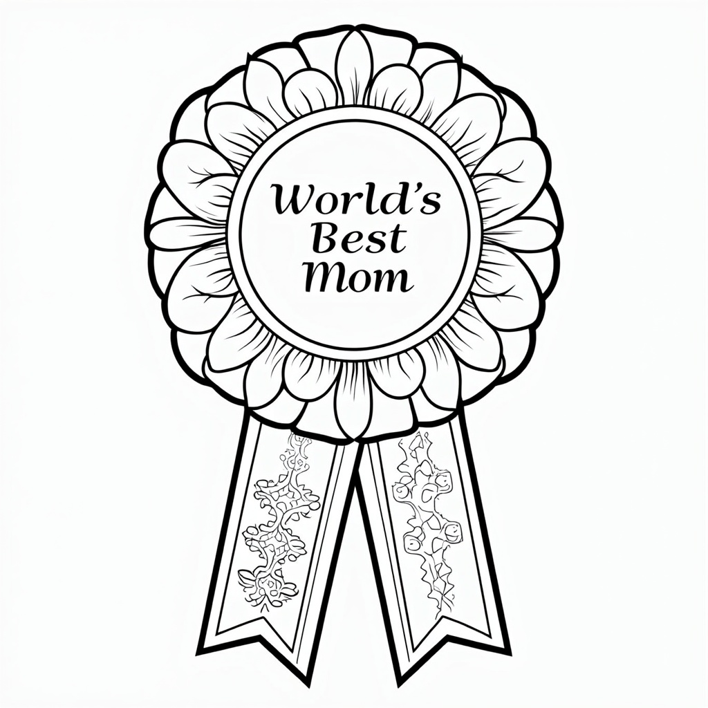 A design centered around a large, detailed rosette prize ribbon with 'World's Best Mom' in the middle, featuring multiple layers and trailing ribbons with intricate patterns for coloring.