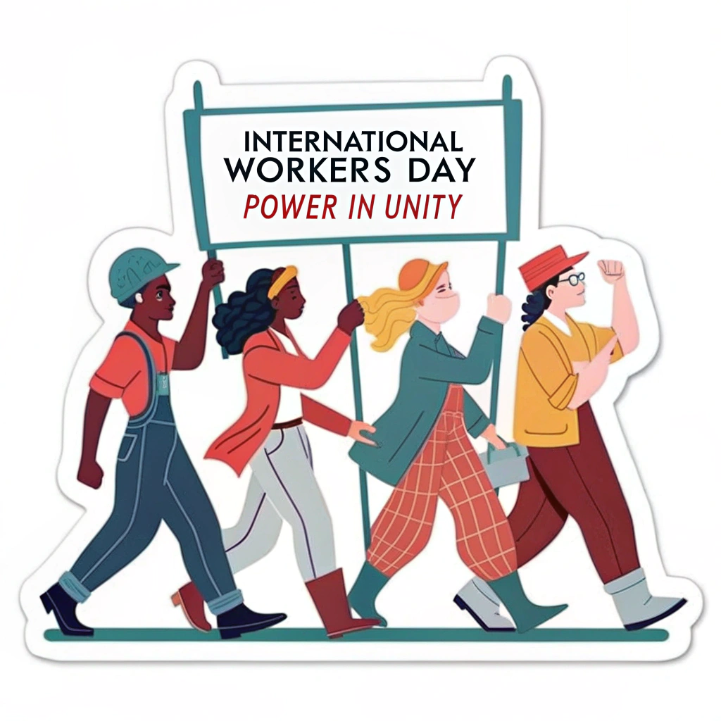 Design 3: Inspired by WPA posters, depict stylized figures of diverse workers marching together under a banner. Use strong lines and flat color areas. Text: 'International Workers' Day - Power in Unity'.