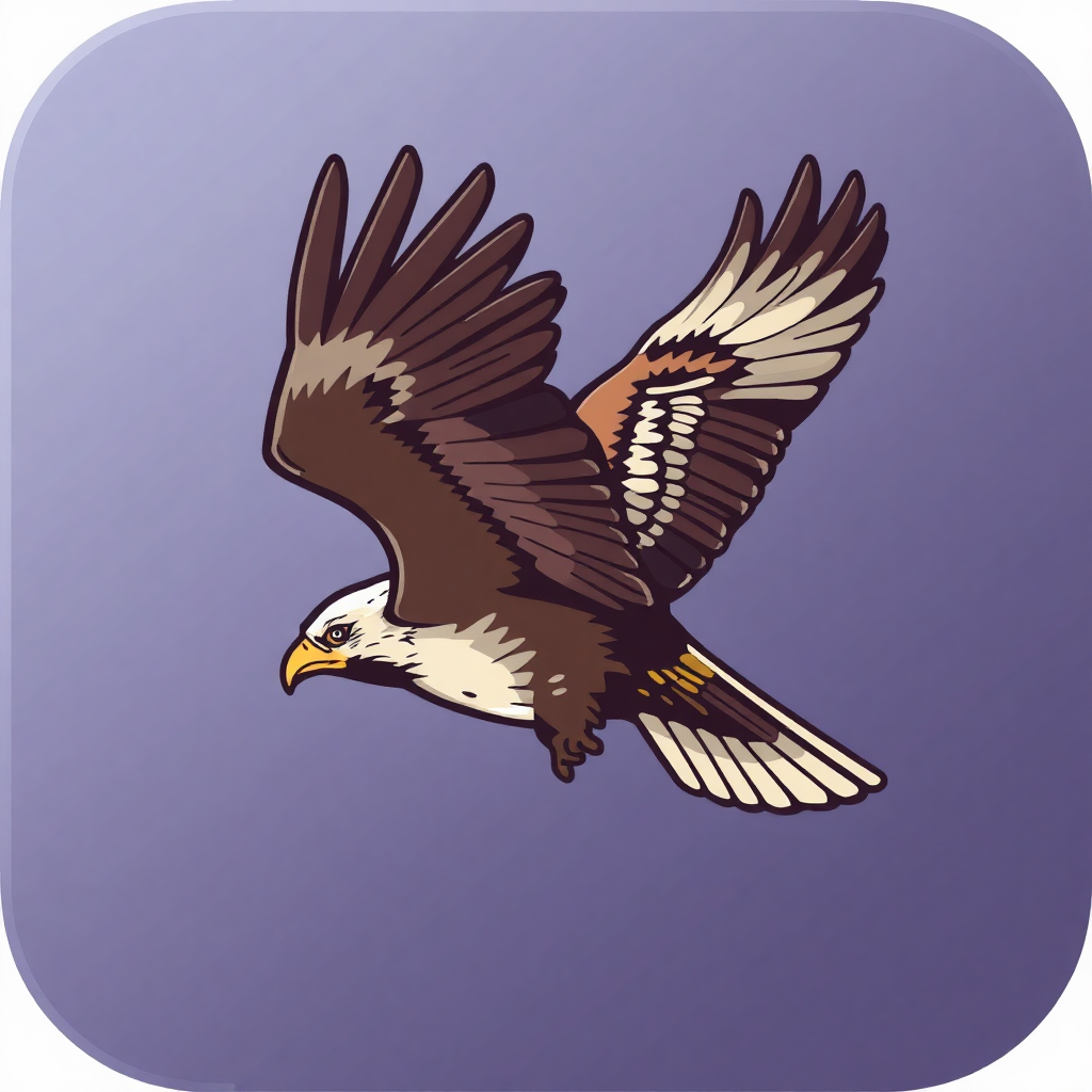 The image is a digital illustration of an eagle in flight. The eagle is in the center of the image, with its wings spread wide and its head turned towards the right side of the frame. Its body is a dark brown color with white and yellow markings on its wings and tail feathers. Its beak is yellow and its eyes are a piercing yellow. The background is a light purple color, and the eagle is outlined in black. The image is in a square shape with a white border.