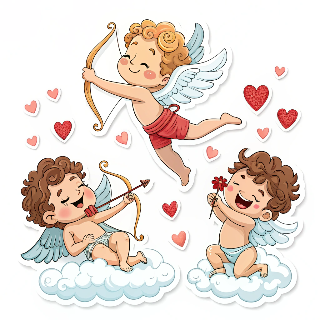 A sticker set showcasing Cupid in various playful poses: flying with his bow, tumbling through clouds of hearts, and winking mischievously.