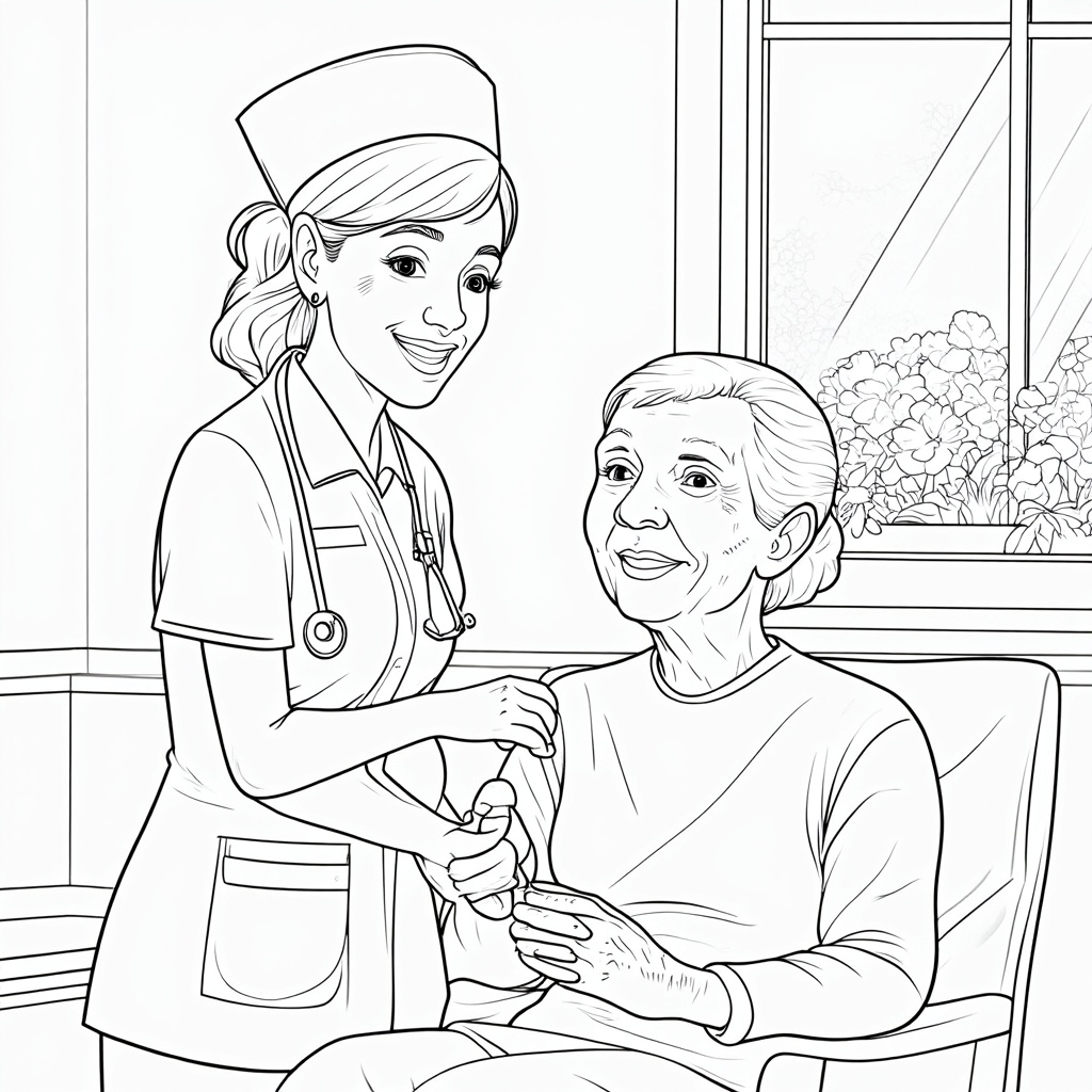 A nurse, identifiable by a stethoscope or cap, standing beside a seated patient (child or elderly) and shaking their hand. Both have warm expressions. The scene can include a simple room background with a window or flowers.