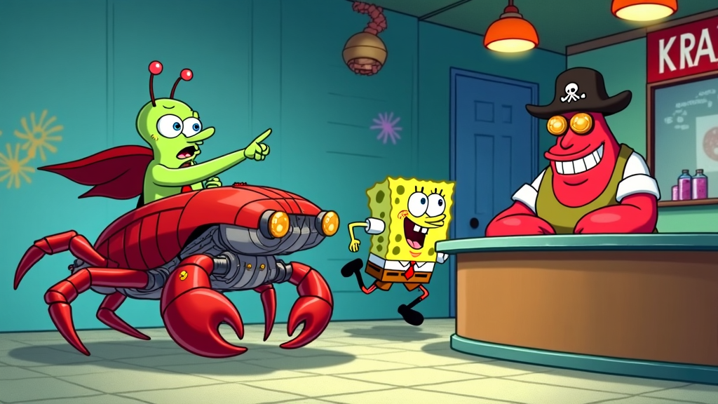 Plankton riding a high-tech Robo-Crabs to challenge Mr. Krabs at the Krusty Krab, with SpongeBob trying to intervene.