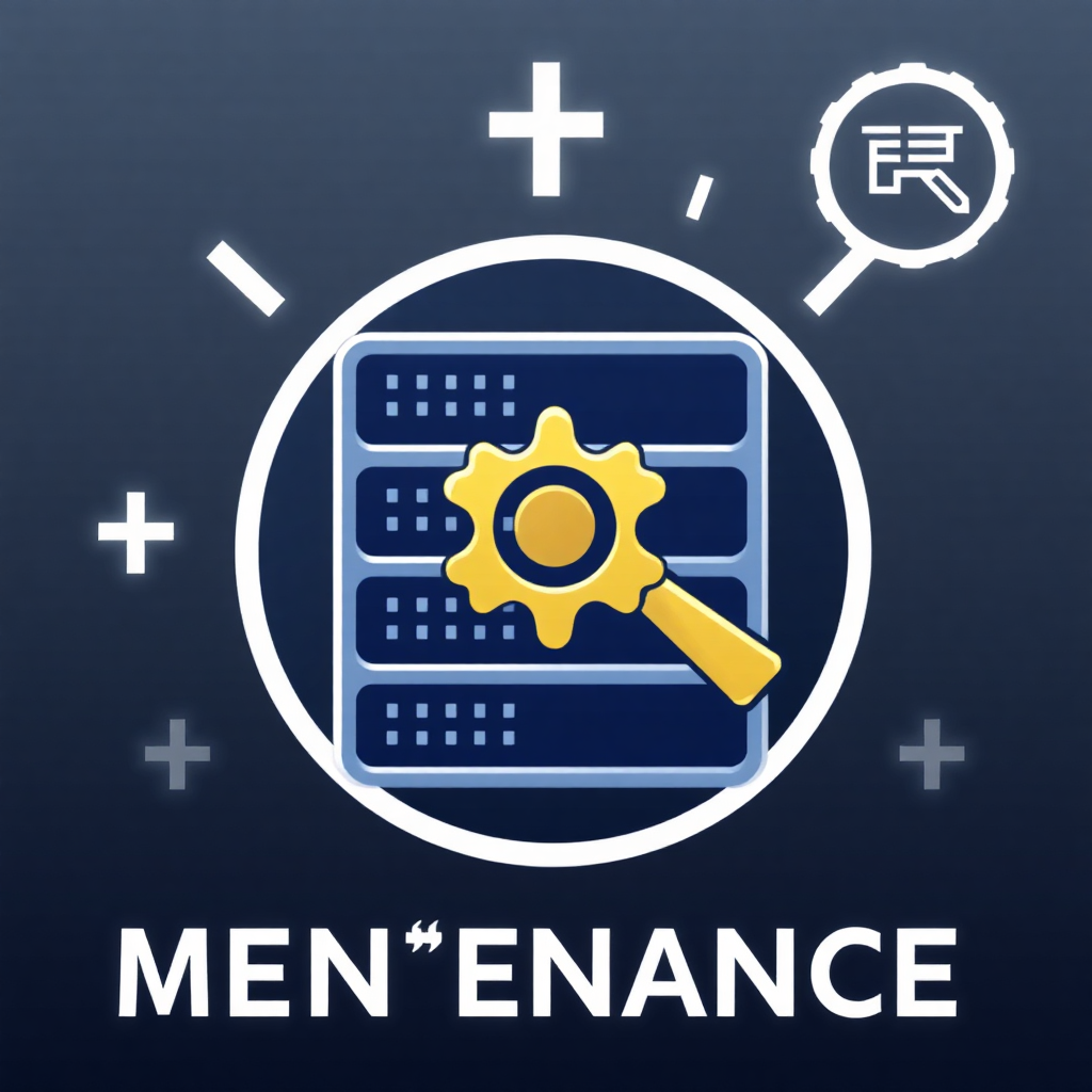 The image is a graphic design with a dark blue background. In the center of the image, there is a white circle with a yellow gear in the middle. Around the gear, there are several smaller white icons scattered around the circle. On the top right corner of the circle, there appears to be a magnifying glass with a Chinese character inside it. Below the gear icon, the word MEN'ENANCE is written in white text. The overall design is simple and modern.