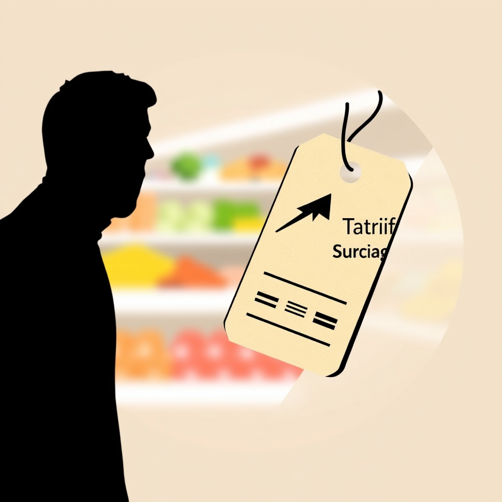 A visual of a consumer silhouette looking at a grocery item with an attached, oversized price tag. The tag has an upward arrow and a small 'Tariff Surcharge' annotation, indicating direct financial impact on consumer goods.