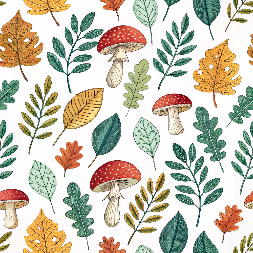 A repeating motif of wild forest leaves and mushrooms, each depicted with intricate detailing and vibrant hues.