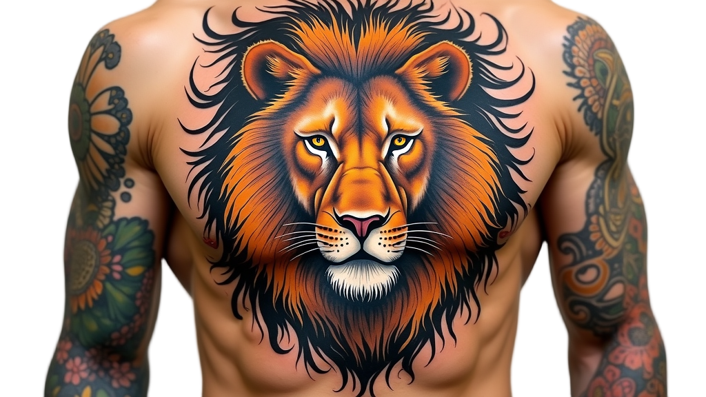 A dynamic and intense lion tattoo across the chest, capturing the essence of pride and power through detailed mane and eyes.