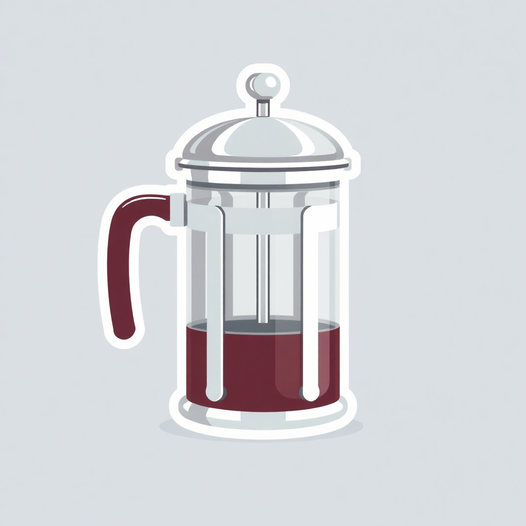 The image is an illustration of a french press coffee maker. It is a glass jar with a red handle and a silver lid. The jar is filled with a dark red liquid, which appears to be freshly brewed coffee. The lid has a small knob on top, which is likely used to open and close the lid. There are two handles on either side of the jar, one on each side, for pouring the coffee into the cup. The background is light blue, and the overall design is simple and minimalistic.