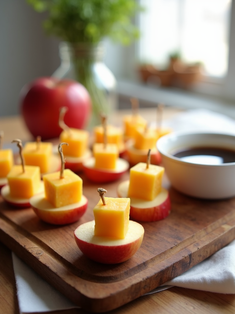 Make mini apple and cheese skewers. Use small cubes of cheese and slices of apple folded in half, threaded onto skewers. Serve with a balsamic glaze or a light vinaigrette for dipping.