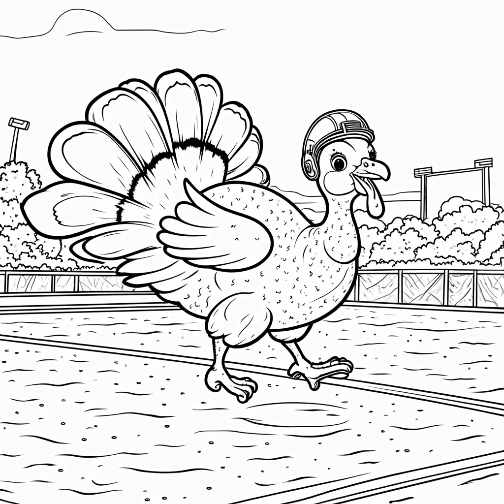 A charming illustration of a cartoon turkey enthusiastically participating in a football game, donning a tiny helmet and tail feathers flying as it rushes for a touchdown.