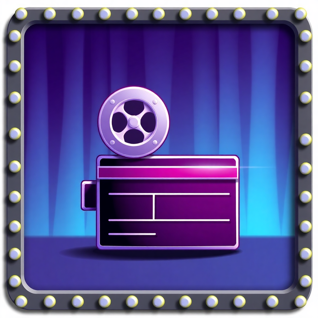 The image shows a movie camera icon with a purple background and a blue curtain behind it. The camera is in the center of the image and is surrounded by a frame with lights.