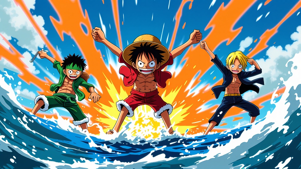 Vibrant poster featuring the universe of One Piece, showing Luffy, Zoro, and Sanji engaging in battle with vibrant flames, swords, and techniques on an oceanic battlefield.