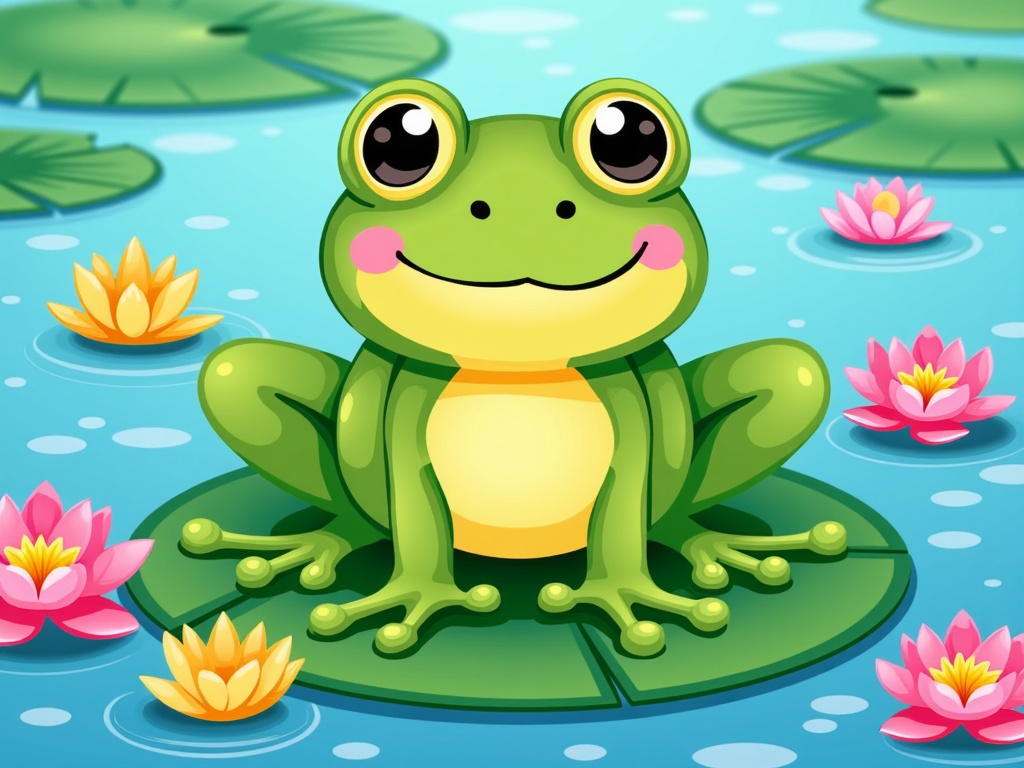 The image is a cartoon illustration of a green frog sitting on a lily pad in a pond. The frog has a big smile on its face and is looking directly at the camera. It has big, round eyes and a pink nose. Its body is covered in green skin and its legs are stretched out in front of it. The pond is filled with pink and yellow water lilies and lily pads. The background is a light blue color with small white dots scattered throughout. The overall mood of the image is cheerful and playful.