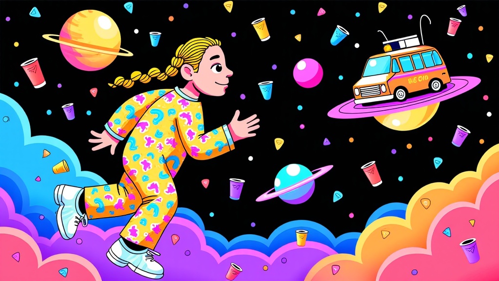Cartoon Post Malone as an astronaut floating in a psychedelic space scene, encountering planets shaped like beer pong cups, guitar pick constellations, and a UFO resembling his tour bus.
