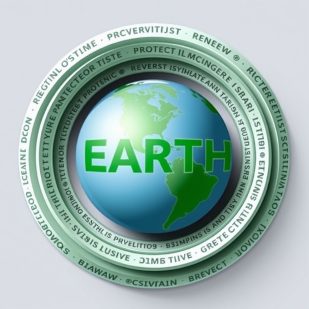 Concentric Text Sphere: A central word, such as 'EARTH,' is surrounded by multiple concentric rings of text. Each ring features a repeating phrase or word (e.g., 'PROTECT,' 'RENEW,' 'SUSTAIN,' 'LOVE') related to environmentalism. The text size or style subtly changes, creating a layered, spherical effect.