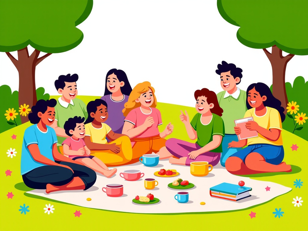  a group of children and adults sitting on a blanket in a park or garden. They are all smiling and appear to be having a picnic. There are two large trees on either side of the blanket, and the ground is covered in green grass and yellow flowers. In the center of the image, there is a table with plates of food, cups, and a book. The children are of different ages and ethnicities, and they are all dressed in casual clothes. One child is holding a book and another is reading a book, while the others are engaged in conversation. The overall mood of the scene is happy and relaxed.