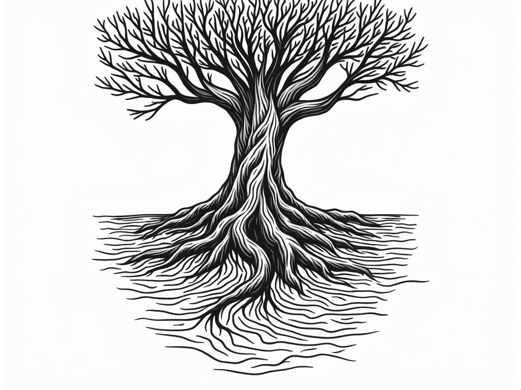 A single continuous line artwork depicting the intertwining of tree roots seamlessly flowing into water waves, symbolizing the interconnectedness of healthy forests and clean water.