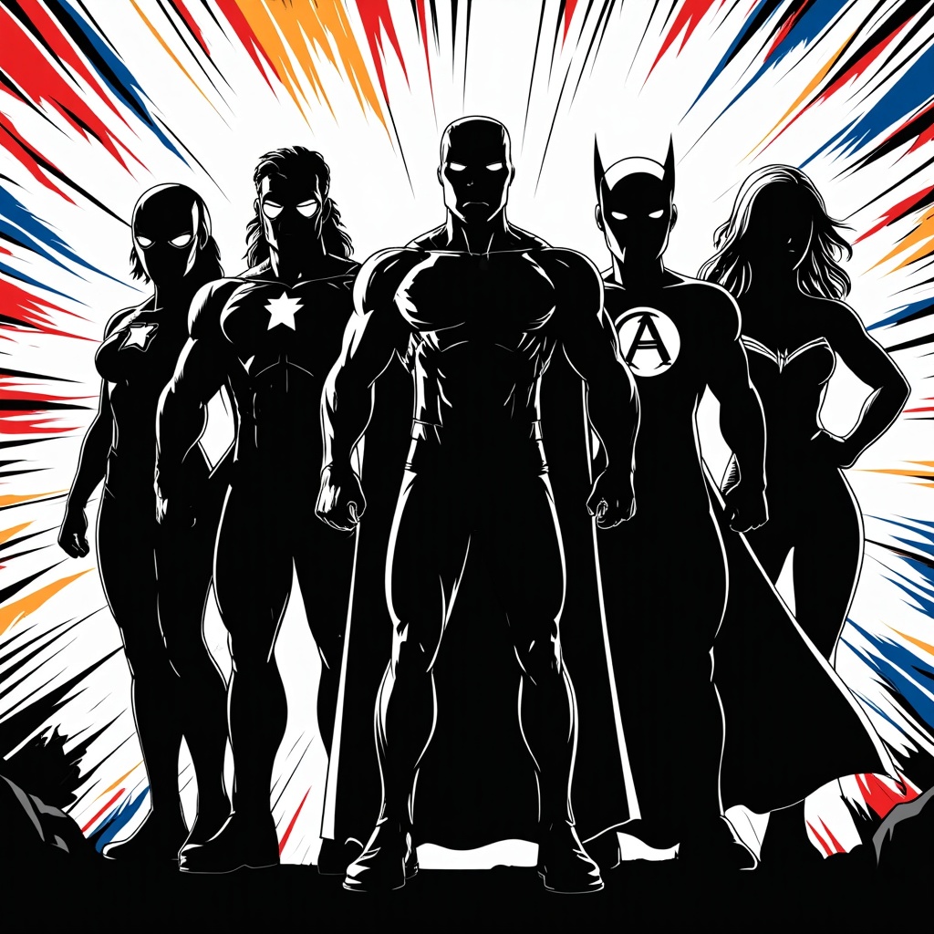 Design Idea 4: A powerful silhouette composition where the diverse shapes and sizes of the superheroes are clearly visible against a bright, abstract background, highlighting unity through form.