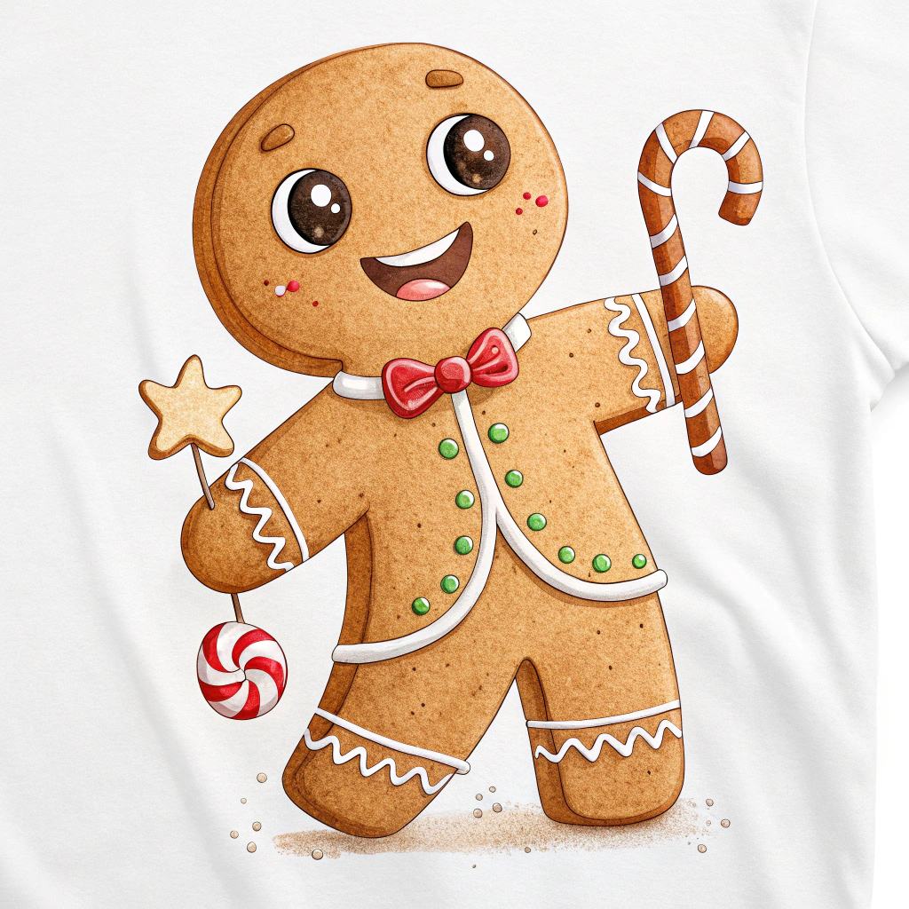 The image shows a white t-shirt with a gingerbread man holding a candy cane and a star in one hand and a lollipop in the other. The man is wearing a festive red and white striped shirt and has a cheerful expression on his face.