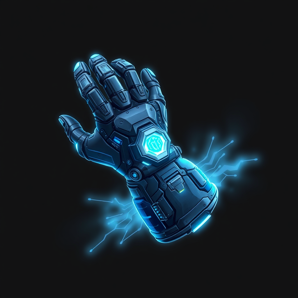 Gauntlet of Digital Ward: A cybernetic gauntlet, possibly clenched firmly or with an open palm emitting a faint protective digital aura/shield, featuring intricate tech details and glowing lines.