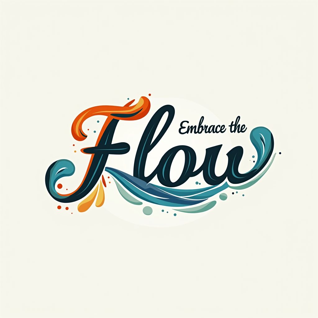 Simple Logo Idea: The phrase 'Embrace the Flow' where key letters (e.g., 'o' in Flow, 'E' in Embrace) are creatively stylized to represent fluidity, such as appearing liquid, forming a wave, or transitioning in color. This creates a unique typographic mark.