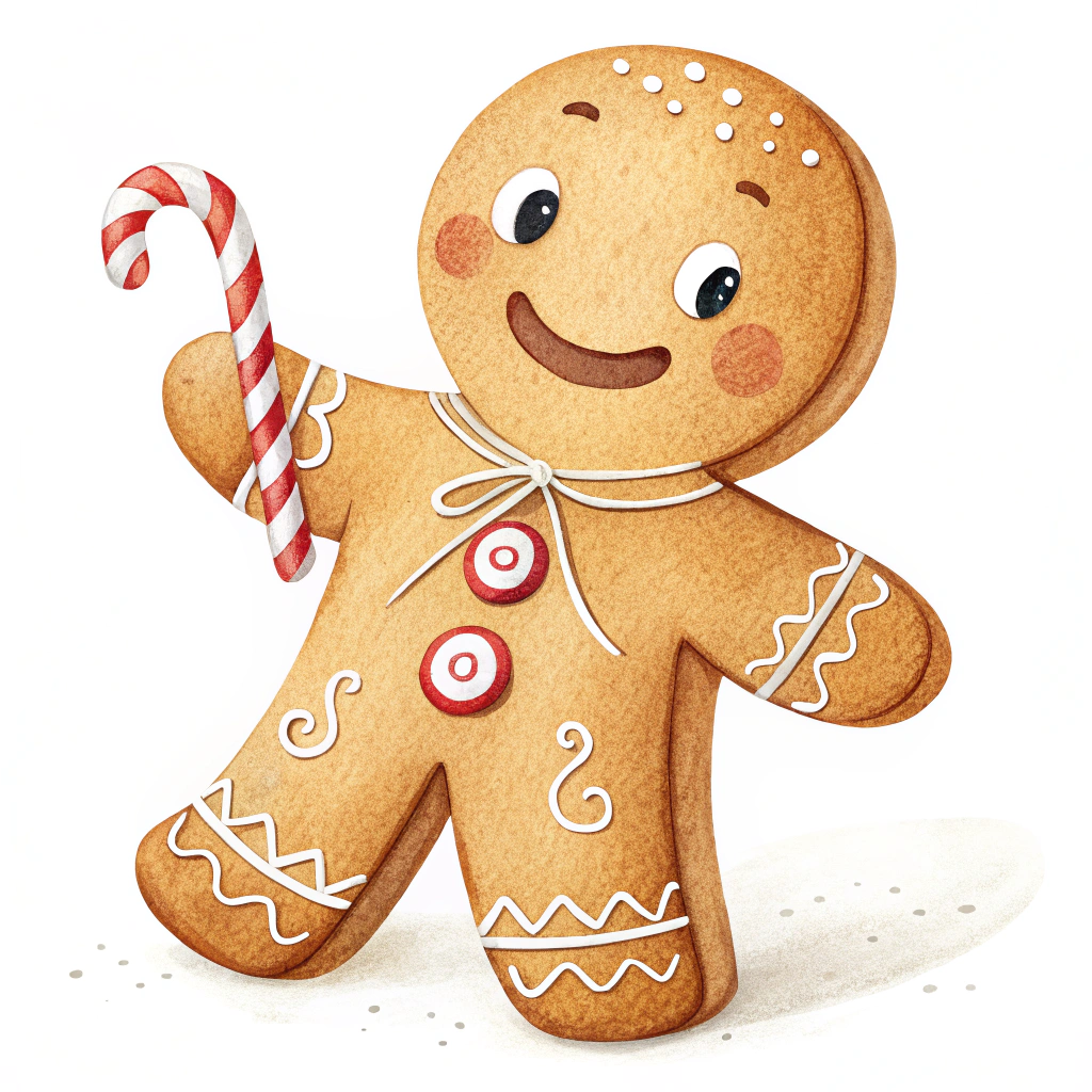 The image shows a watercolor painting of a gingerbread man holding a candy cane against a white background.