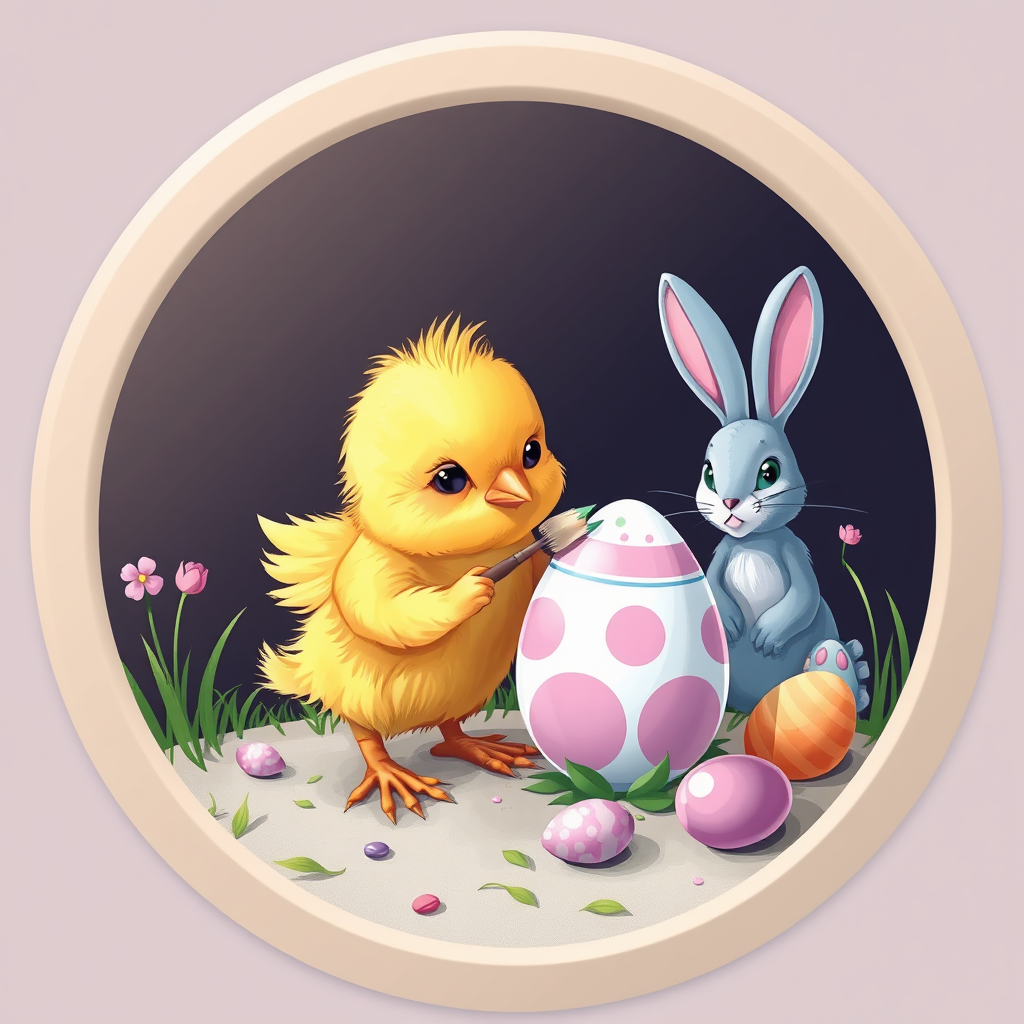 The chick is painting the Easter egg with the bunny watching.