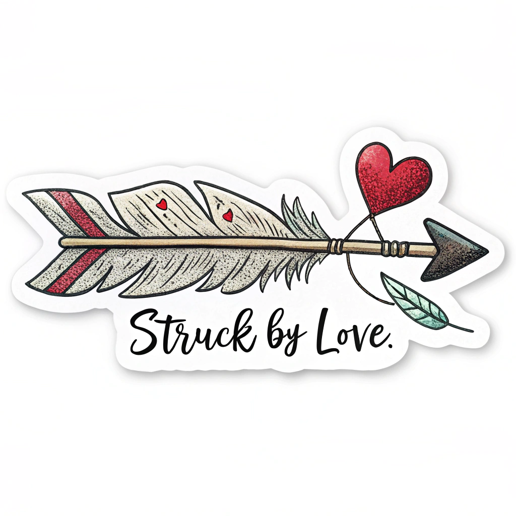 Cupid's arrow sticker with the quote 'Struck by love.'