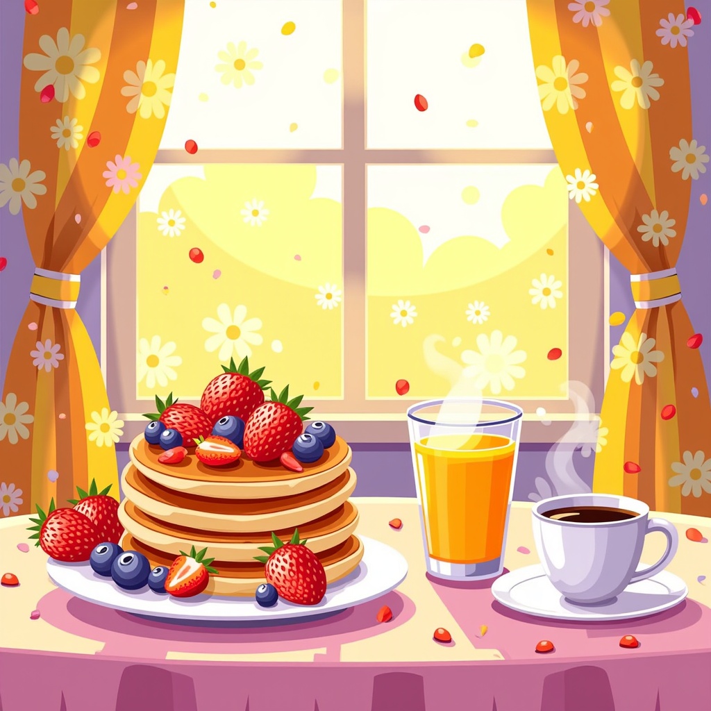  a breakfast scene in a room with a window. The window has yellow curtains with white daisies on them. On the window sill, there is a stack of pancakes with fresh strawberries and blueberries on top. Next to the stack, there are two cups of coffee and a glass of orange juice. The table is covered with a pink tablecloth and there are scattered berries and confetti around the table. The overall color scheme of the image is bright and cheerful.