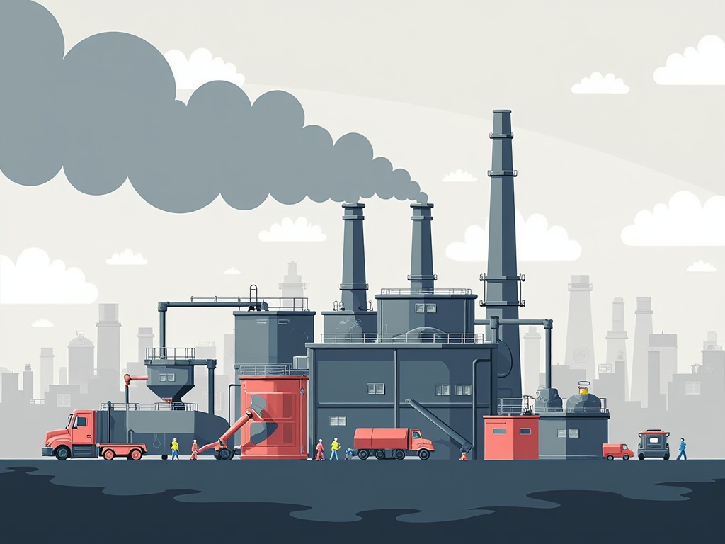 The image is an illustration of a large industrial plant with multiple chimneys and smoke coming out of them. The plant is located in a cityscape with tall buildings and skyscrapers in the background. The sky is cloudy and the ground is wet, suggesting that it has recently rained. In front of the plant, there are several red trucks and machinery, including a crane and a truck loader. There are also a few people walking around the plant. The overall mood of the image is bleak and industrial.