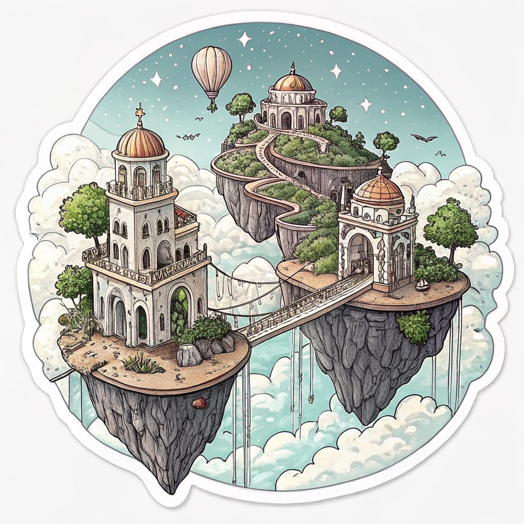 Interconnected, floating islands with impossible, Escher-like architecture, connected by light bridges, all against a dream-like sky.